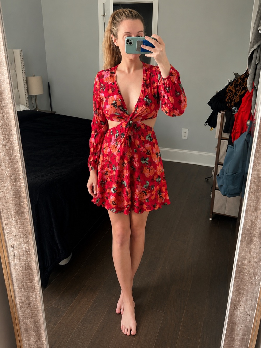 H&M Floral Cutout Mini Dress Open Back Long Sleeve Size M